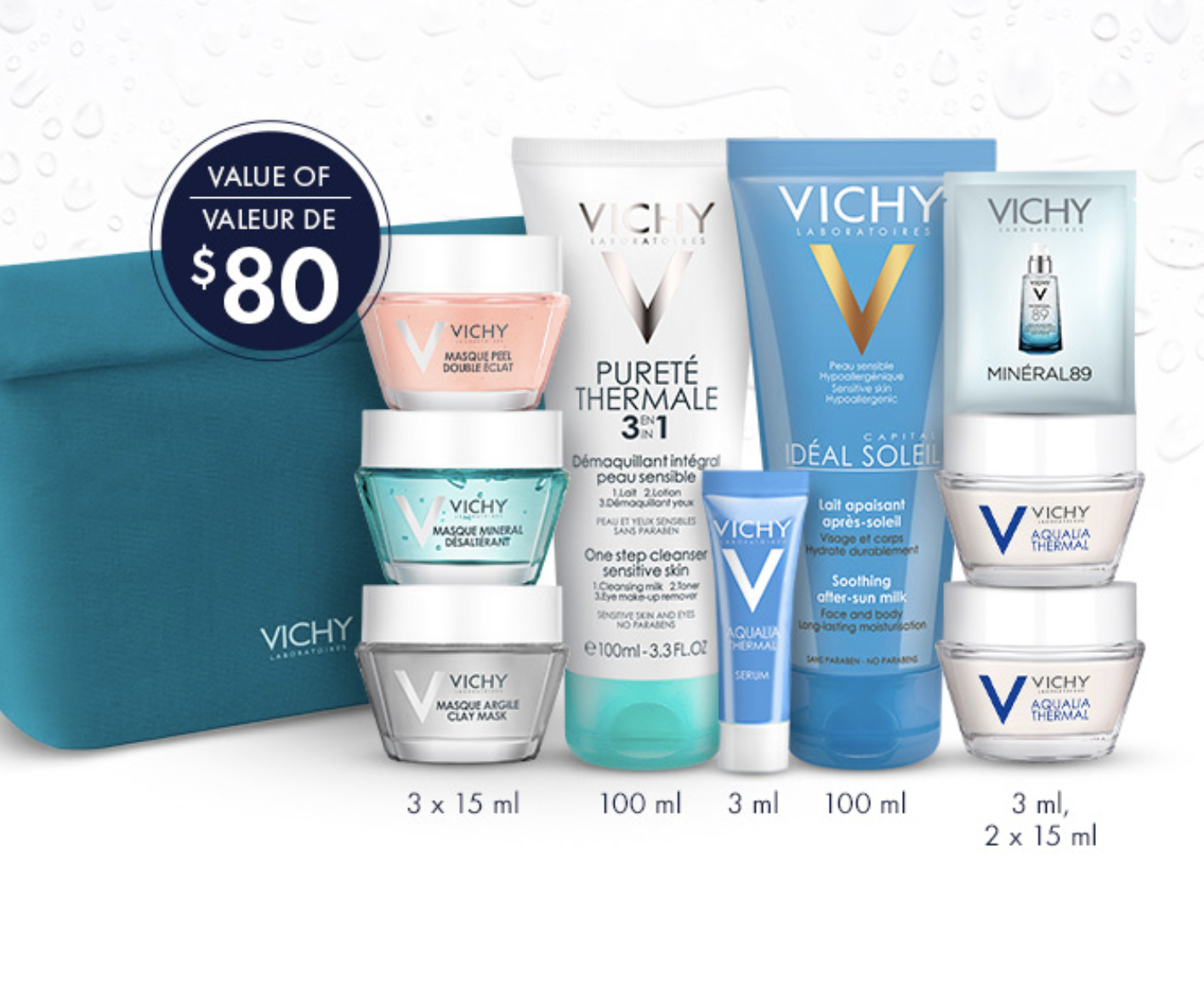 满$80送10件套(价值$80) Vichy 薇姿护肤品热卖 全场满额送好礼 收矿物补水面膜、喷雾